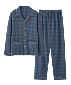 Plus Size Autumn Men's Knitted Cotton Pajamas Set Turn-down Collar Long Sleeve Trousers Casual Sleepwear Home Wear