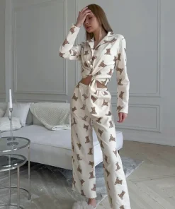 Luxury Women 2 Piece Pajamas Long Sleeve Trousers Elastic Waist Soft Breathable Stylish Casual Elegant Summer Autumn Spring Set