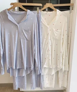 Cute Women's Modal Pajama Set Heart Pattern Long Sleeve Loungewear Loose Fit Plus Size 2-Piece Sleepwear Cardigan Pajama Set