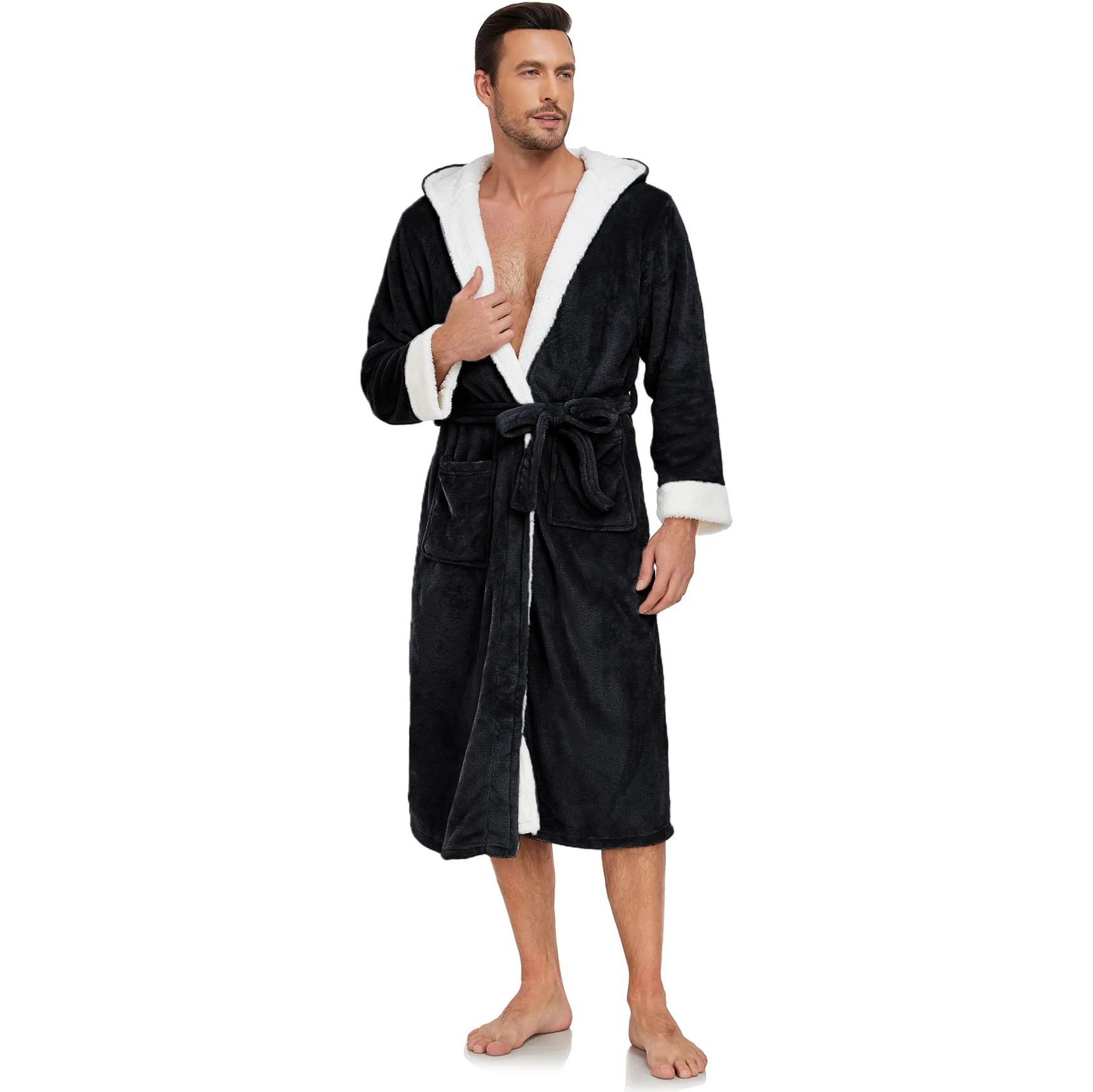 Free Shipping Usa Warehouse Discount Price Winter 5 Star Hotel Plush Hooded Fleece Long Bathrobes Pyjamas Men Sleepwear Stripe Bath Robe - Image 4
