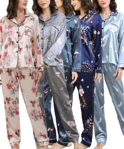 Digital Printed for Women's Pyjamas Sleepwear Full Length With Pants Silk Satin Floral Pajamas Sets