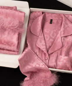 HUOYOUNG Design  Pyjamas Set 2 Pcs Women's Feather Pijamas Mujer Soft Jacquard Leopard Print Satin Silk Pajamas Set Women