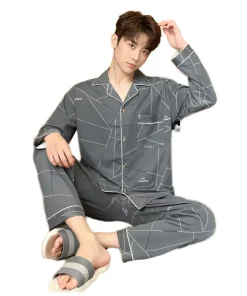 Men's Plus Size Printed Loungewear Set Soft Long Sleeve Pajamas with Lapel Cardigan Home Sleepwear Nightwear