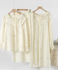 Women's Spring, Summer, Autumn Flannel Pure Cotton Sweet Home Sleepwear Dress and Pants Set with Delicate Floral Prints