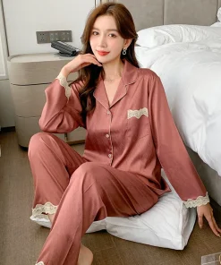 2025 New Spring Summer Autumn Women's Casual Pajamas Long Sleeve Ice Silk Solid Color Sexy Lace ODM Homewear Set