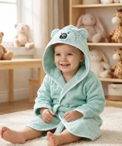 Unisex Newborn Hooded Bathrobe 100% Organic Cotton Woven Antimicrobial Quick-Dry Long Sleeve Luxury Bathroom Use Toddler Robe