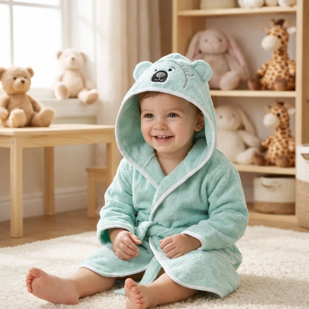 Unisex Newborn Hooded Bathrobe 100% Organic Cotton Woven Antimicrobial Quick-Dry Long Sleeve Luxury Bathroom Use Toddler Robe